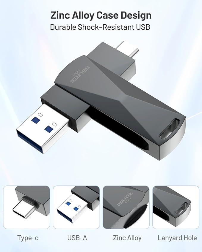 ABLAZE 256GB USB C Flash Drive, Dual USB 3.0+Type C Flash Drive Compatible with iPhone 16/15,Android Smartphone,Computer,Tablet Mac Laptop (Dark Grey)