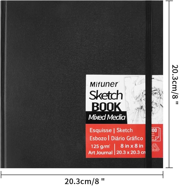 E-WEICHEN Mixed Media Sketch Pad, 8 x 8 inches 125 GSM (100 Sheets/200 Pages) Sketchbook for Drawing, Hardcover Mix Media Art Sketchbook for Wet and Dry Media,Painting,Drawing. 8X8