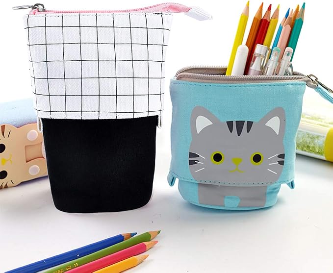 iSuperb Standing Pencil Pouch Pencil Case Cute Cat Telescopic with Zipper Canvas Kwaii Cartoon Pencil Bag Stationery Box for Kids Girls Boys School Supplies 7.5 x 4.9 x 3.0inch/4.1x 3.0inch