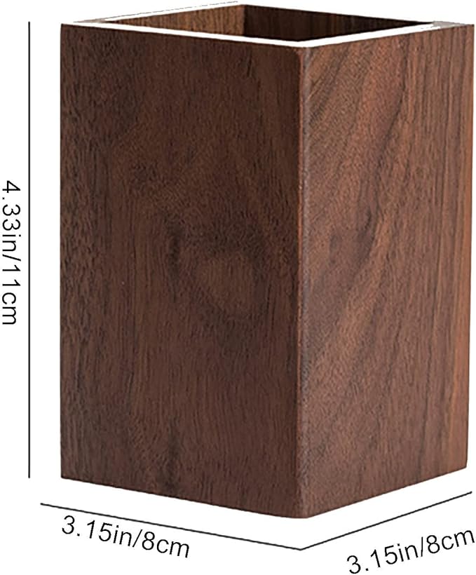 Black Walnut Wooden Pencil Box, Multiple-Use Desk Writing Stationary Organizer Wood Pen Holder Cups Office School Supplies Storage (Square Shape)