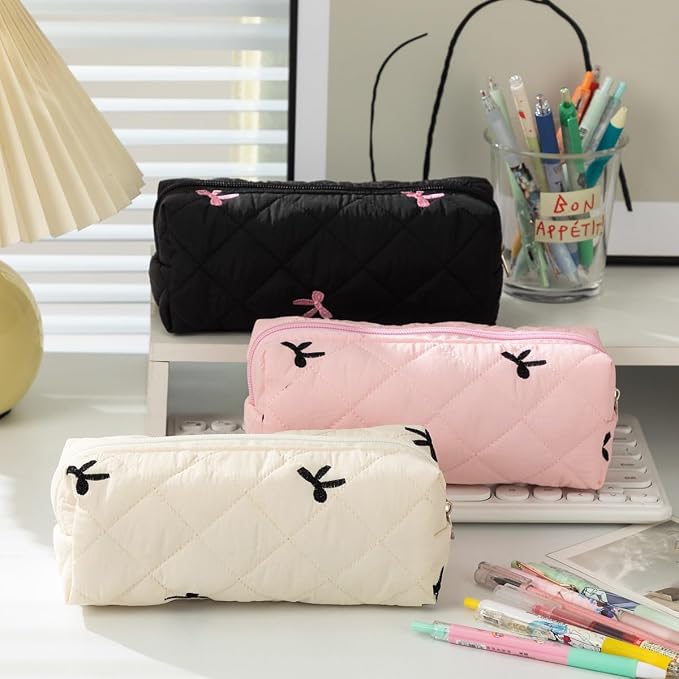 Carry bloom Pencil Pouch Cute Pencil Case for Girls Aesthetic Pencil Bag with Zipper Pen Cases School Supplies Makeup Bag (Bow beige)