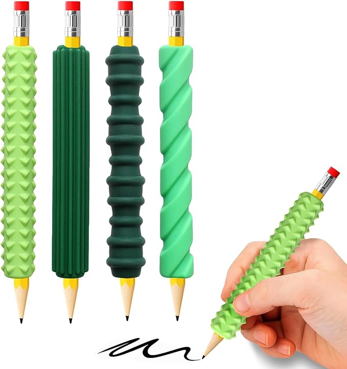 Pencil Grips, 4-Pack Textured Silicone Sleeves for Mechanical Pencils, Sensory Fidget ADHD Tool for Kids and Adults, Quiet Fidget Tools for Classroom Focus, Anxiety Relief (Green)
