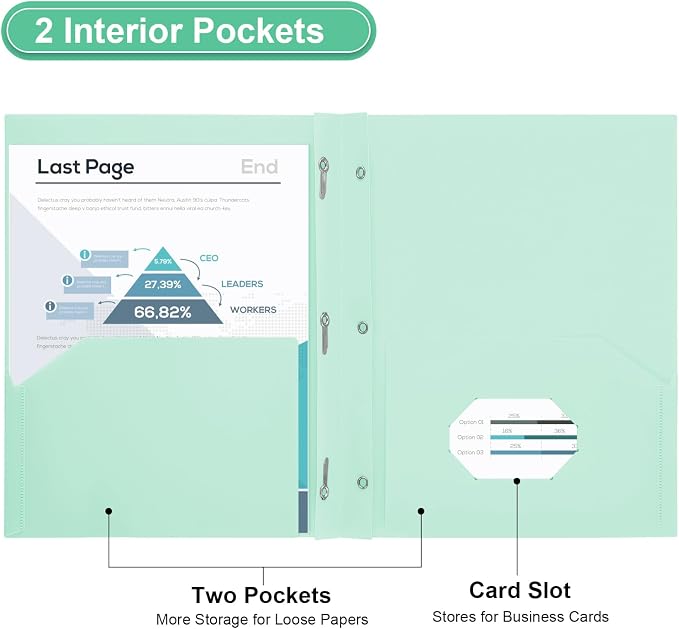 SUIN Plastic Project-Folder with 2 Pockets and 3-Prong Fasteners, for US Letter Size, Bulk Pack Color File-Folder for US Letter Size Papers, Ideal for School & Office, (Pastel Mint)