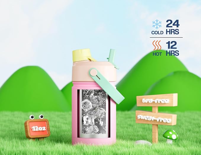 12 oz Kids Steel Water Bottle for School: 2-in-1 Straw Spout Lid, Leakproof, BPA-Free, Cold 24H, Car Cupholder Friendly, Cute Insulated Cup for Travel, Camping, Birthday Gift for Girls (Peachy Cream)