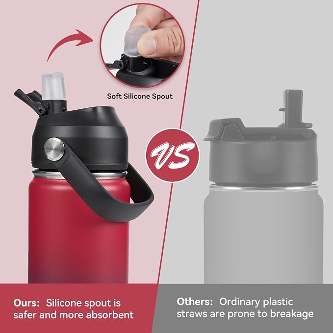 Fijinhom 18oz Insulated Stainless Steel Water Bottle, Wide Mouth Double Wall Vacuum, Silicone Straw, Sweat & Leak Proof, BPA Free Insulated Water Flask for Travel, Keep Cold 24h Hot 12h, Red