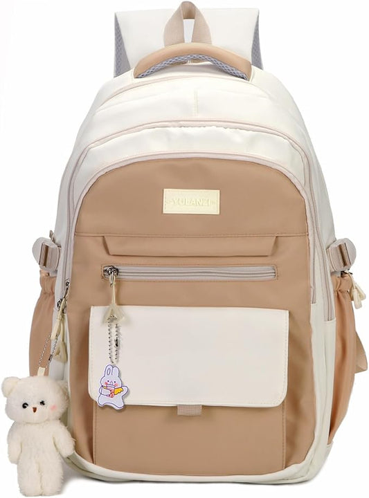 PRLINJSK Girls Backpack for College High Middle School Student, Cute Aesthetic Bookbag for Teens Women with Accessories,Khaki Beige