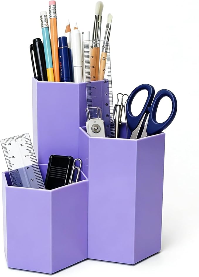 Pencil Organizer Pen Holder for Desk Pens Cup Small Desk Organizer Cute Pen Holder for Office,School and Home (Purple, Triangular)