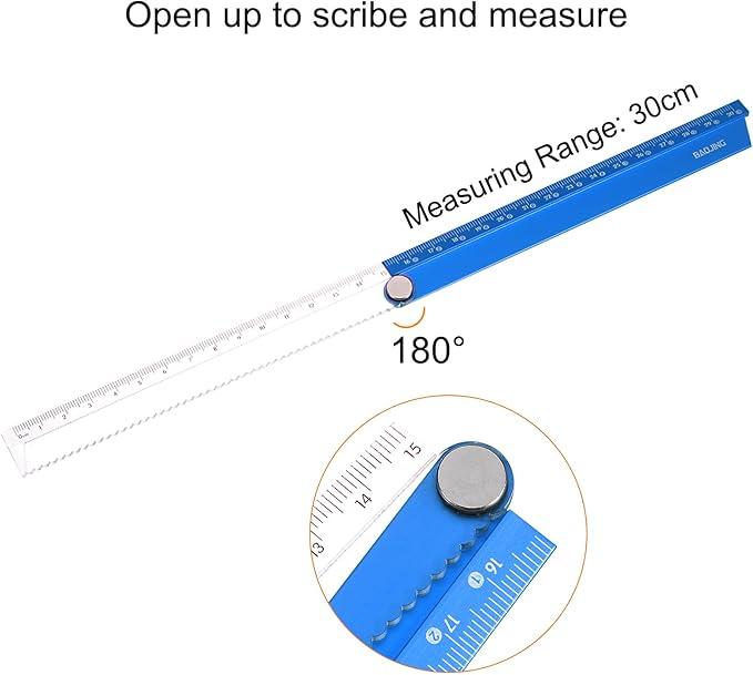 HARFINGTON Folding Straight Ruler 30cm Metric Aluminum Alloy Ruler with Angle Line & Wave Edge Geometric Measuring Tool for Children Architects Study Classroom Office, Blue