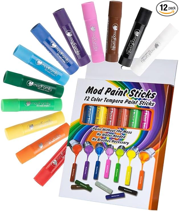 Washable Tempera Paint Sticks for Kids 12 Count - ModFamily Mod Paint Sticks- Non-Toxic Quick-Drying Paint Markers, Mess-Free Art Set for Toddlers & Children – No Water or Brushes Needed