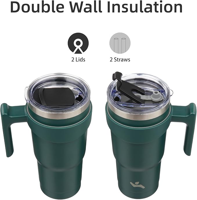 Konokyo 20 oz Tumbler with Handle and 2 Straw 2 Lid, Insulated Water Bottle Stainless Steel Vacuum Cup Reusable Travel Mug,Army Green