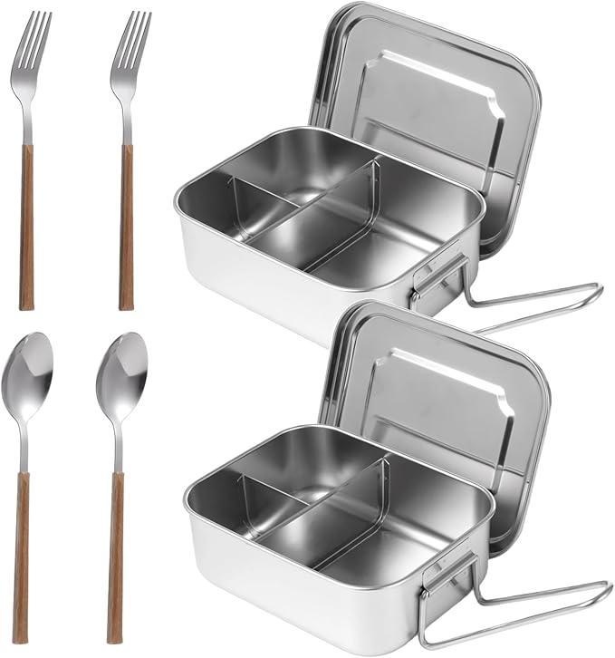 2 Pcs 304 Stainless Steel Bento Box, 1200ml 3-Compartment Metal Lunch Container with Fork and Spoon, Leak Proof Metal Lunch Container for Youngsters and Adults