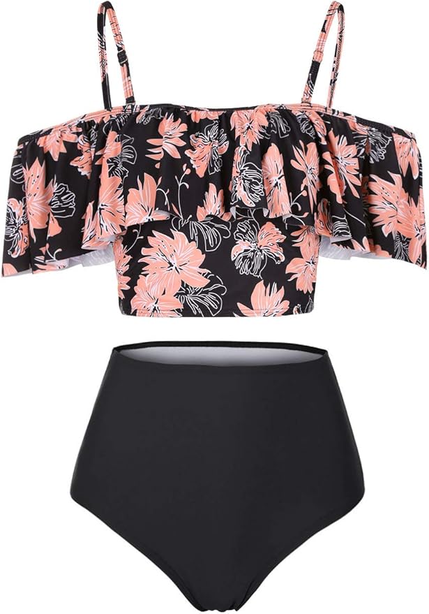 Kaei&Shi High Waisted Flounce Bikini Set,Tummy Control Swimsuits for Women,Off Shoulder