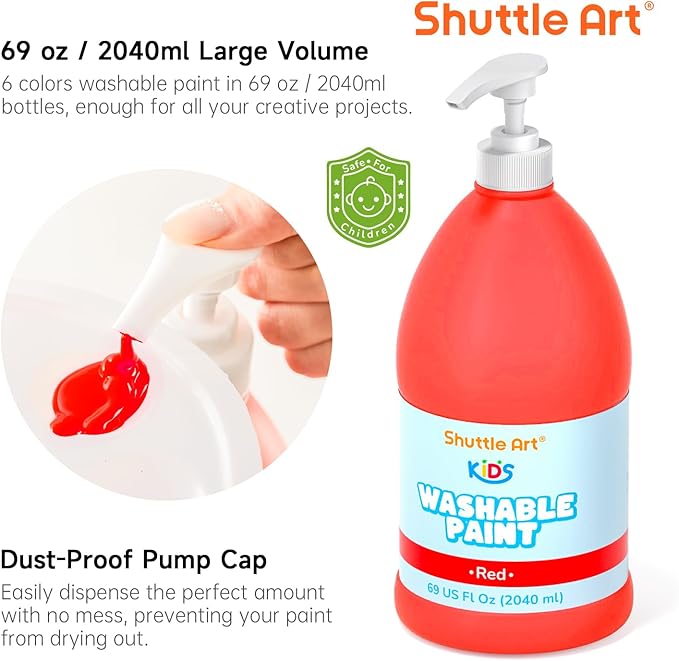 Shuttle Art 6 Colors Washable Paint for Kids, 69 oz Bulk Tempera Paint with Pump, Non-Toxic Kids Washable Paint for Art and Crafts, School & Home Must Haves