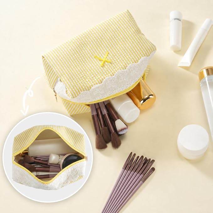 Makeup Bag Travel Toiletry Bag for Women, Small Cosmetic Bags with Lace Trim Cute Yellow Stripe Aesthetic Organizer Makeup Pouch for Purse Emergency Bag Pencil Case Accessory Bag