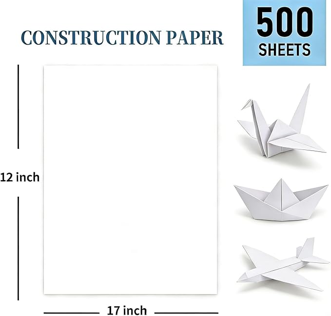 500 Sheets White Construction Paper for Art Craft Drawing 12"x 17", 80gsm Craft Paper Medium Weight for Arts Party Decoration