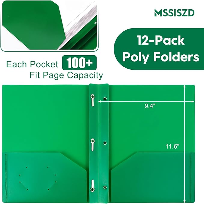 24-Pack Plastic Folders with Pockets and Prongs,2-Pocket Folders with 3 Fasteners, Holds 8-1/2" x 11" Paper for School/Office/Home, Green