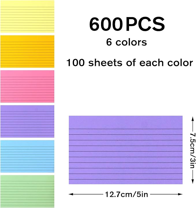 Bignc Index Cards Colored Notecards, 3 X 5 Inch Ruled Color Note Cards for School, Home & Office, Multi Colors Flashcards, Colorful Notecards,Pink Index Card Ruled, Purple Lined Flash Cards (600)