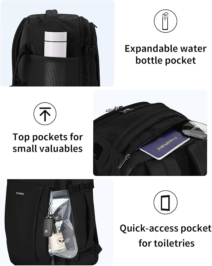 ECOHUB Small Travel Backpack 17" United Airlines Personal Item Bag Black | 16.7"x10"x8" Small Backpack with 13 Pockets Water Resistant Carry on Backpack with USB Port Luggage Sleeve for Women Men
