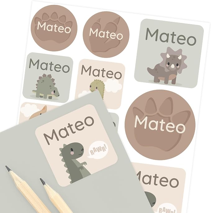 Camp Name Labels for Kids (33) – Personalized Stickers & Daycare Labels – Waterproof for Water Bottles, Lunch Boxes & School - Dinosaur