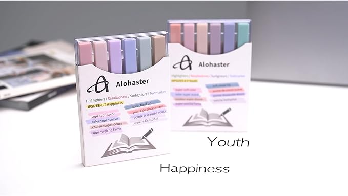 Alohaster HPSIZEE Aesthetic Cute Highlighters Mild Assorted Colors With Soft Chisel Tip, No Bleed Dry Fast Easy to Hold, for Journal Bible Planner Notes School Office Supplies, 6 Pack - Youth