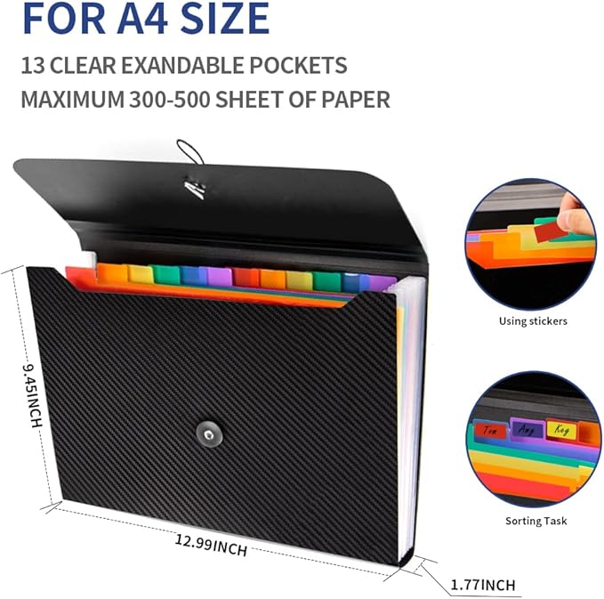2Pcs Expanding File Folder, 13 Pockets Accordion File Holder Organizer, A4 Letter Size Paper Document Receipt Organizer Accordian Filing Folder for Classroom, Home, Office and Travel