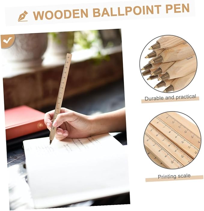 INOOMP 6pcs Black Ballpoint Pens Wooden Ruler Signature Pens Natural Biodegradable Solid Wood Ball Point Ink for Office and Daily Writing