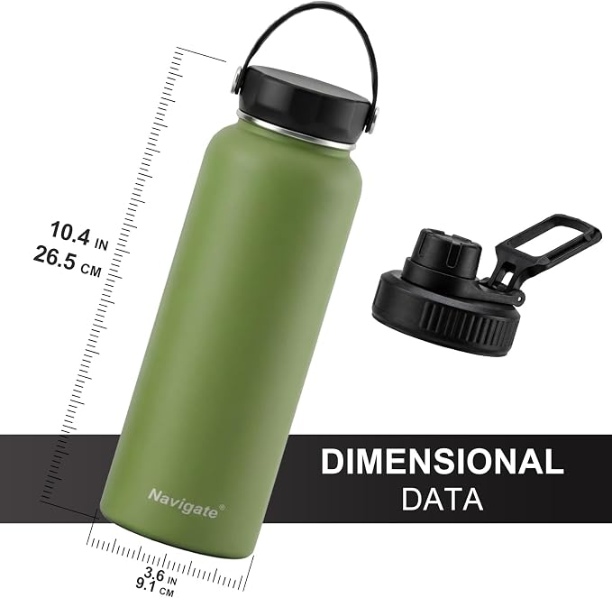 Navigate 40 oz Insulated Stainless Steel Sports Water Bottle with Spout & Handle Lids,Wide Mouth Water Jug with Double Walled Leak Proof Keep Cold for 24 Hrs Hot for 12 Hrs,Dark Green