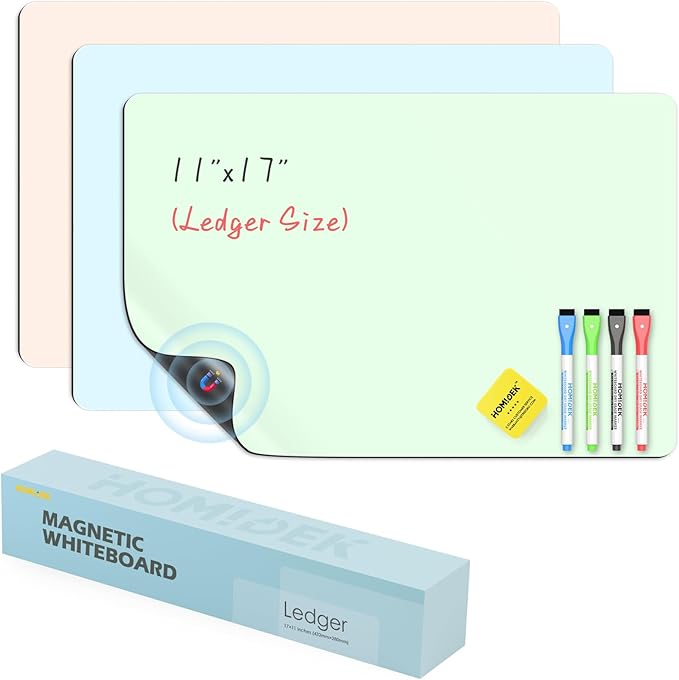HOMiDEK Magnetic Dry Erase Board, 3 Colors Fridge Magnet White Board Sheet with 4 Markers & 1 Eraser, Reusable Blank Magnetic Whiteboard to Write On for Refrigerator, Locker, Cabinet, Door - 11 x 17