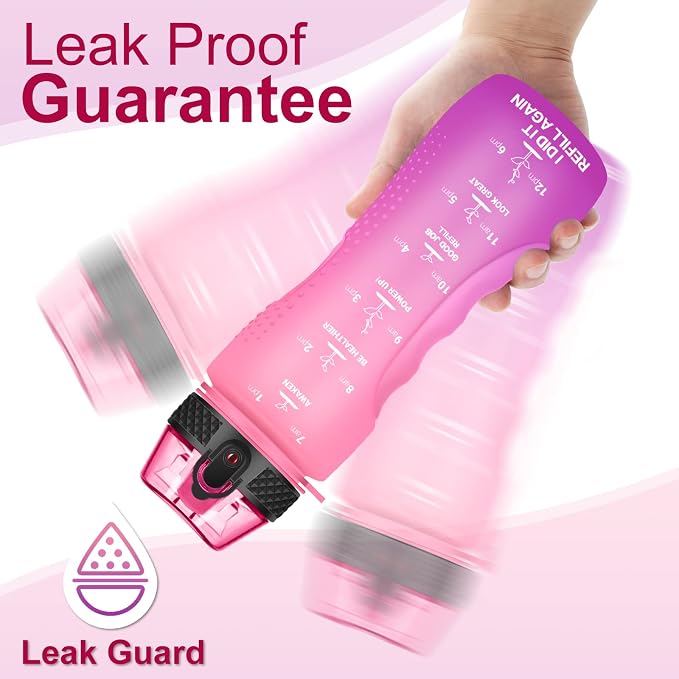 24 OZ Motivational Kids Water Bottle With Time Marker,Straw Lid,Leak Proof, Tritan BPA Free Sports Water Bottle Pink Purple(1 Lid)