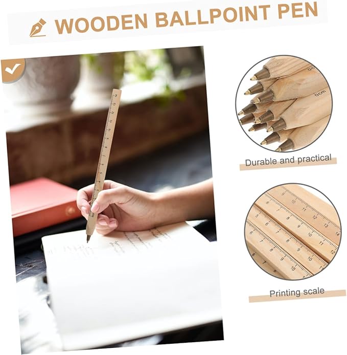 20pcs Natural Biodegradable Wood Ballpoint Pens with Printed Ruler, Black Ink Carpenter Marker Pens for Office, Drafting, and Engineering Use
