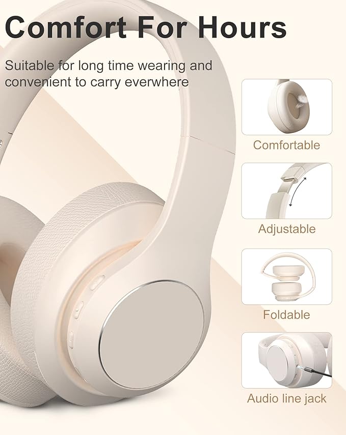 Wireless Bluetooth Headphones Over Ear, 40 Hours Playtime Wireless Headphones with Microphone,Foldable Light Weight Headset with HiFi Stereo Sound for Travel Work (Beige)