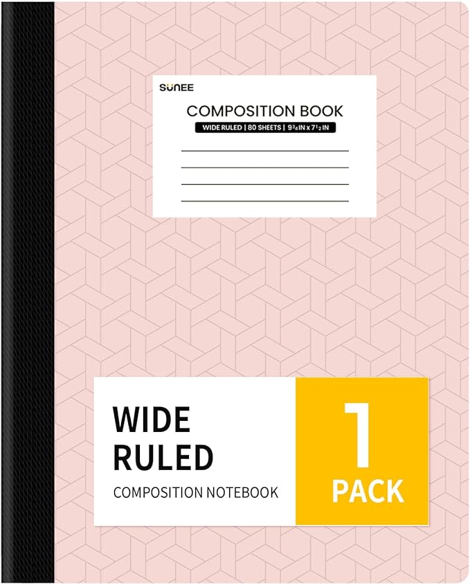 SUNEE Composition Notebook, Wide Ruled Paper, Home School Supplies for College Students & K-12, 9-3/4" x 7-1/2", 80 Sheets/160 Pages, Pink
