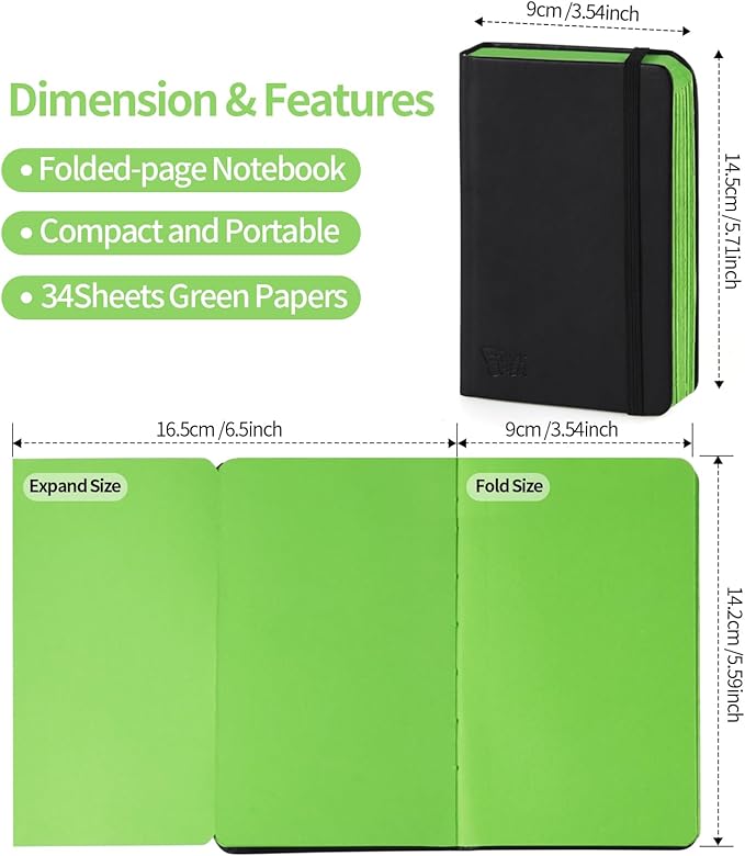3.5x5.7inches Mixed Media Sketch Pad, 120GSM 32Sheets Folded Colored Paper Sketchbook for Drawing, Protable Hardcover Art Sketchbook for Painting, Writing, Journal.Green