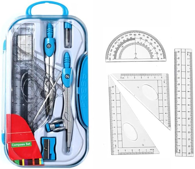 10Pcs Geometry Set, Math Geometry Kit with Metal Compass, Protractor, Ruler, Eraser & Pencil Sharpener, Drawing Tools for Engineering, Drafting (Blue)