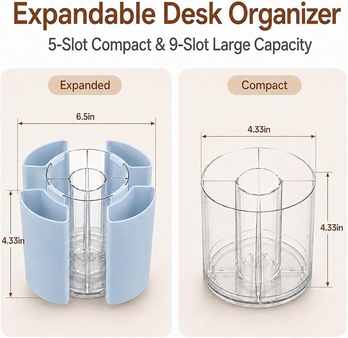 360° Rotating Pen Holder for Desk Adjustable Pencil Organizer, Blue | Plastic Pen Cup for Women Cute Office Supplies and Accessories Desktop Storage Box Art Caddy for School, Work, Home