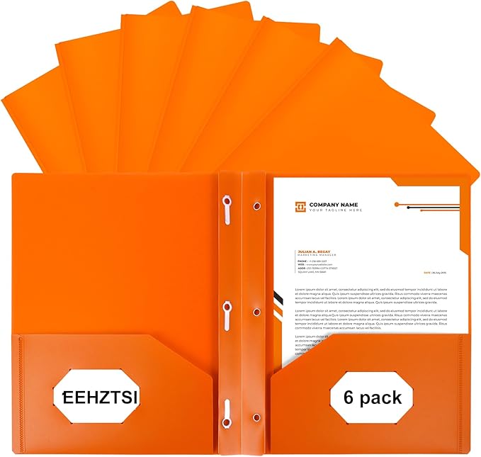 6-Pack Plastic Folders with Pockets and Prongs,2-Pocket Folders with 3 Fasteners, Holds 8-1/2" x 11" Paper for School/Office/Home, Orange