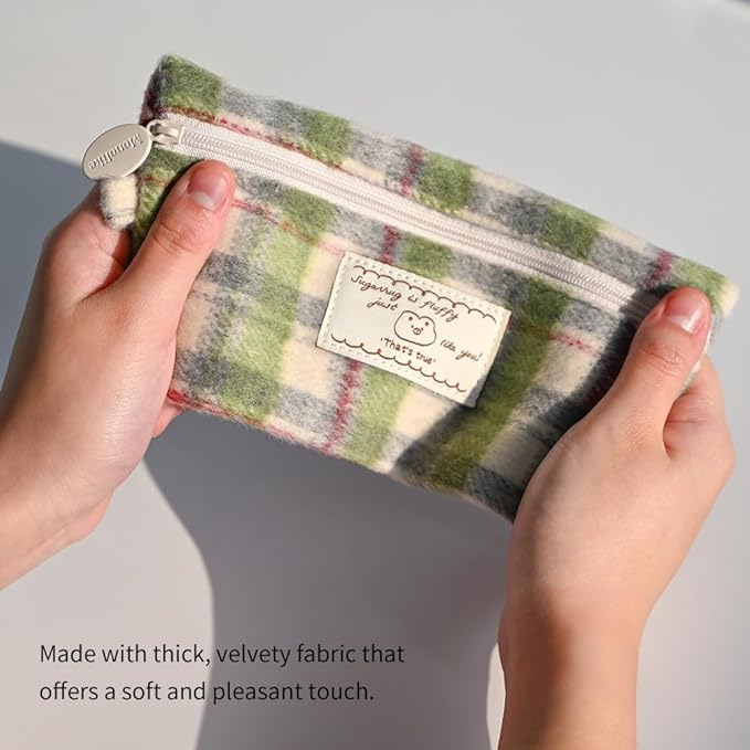 Monolike Unmatched Friends Old Check Pencil Case, Green - Pencil Pouch, Portable Pencil Bag, Pencil Case, Office Pouch case, Cushion, Soft, Vintage
