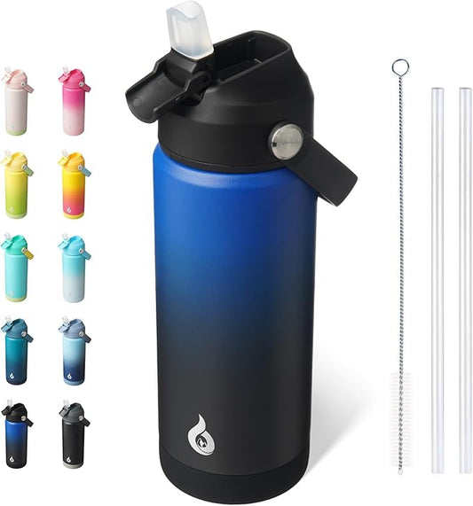 BJPKPK Insulated Water Bottle with Straw Lid, 18oz Thermo Water Bottles, Flex Handle & Non-slip Boot, BPA Free Leak Proof Stainless Steel Metal Thermo, Tumblers, Cups,Black Blue