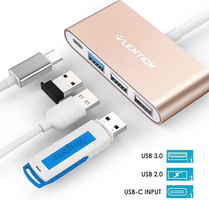 LENTION USB C Hub 4-in-1 with 100W PD, Type-C Multiport Adapter for 2016-2026 MacBook Pro/Air(M1-M5), iPad, Surface, ChromeBook, More, Aluminum Travel Hub for iPhone 15-17 (C13, Gold)