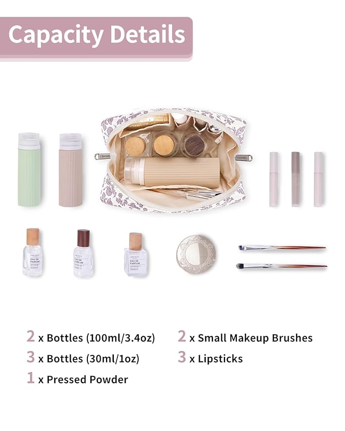 Narwey Small Cute Floral Makeup Bag for Purse Mini Cosmetic Bag Travel Makeup Pouch Zipper Pouch Cute Make up Bags with Compartments for Women Girls (Dusty Pink Flower, Small)