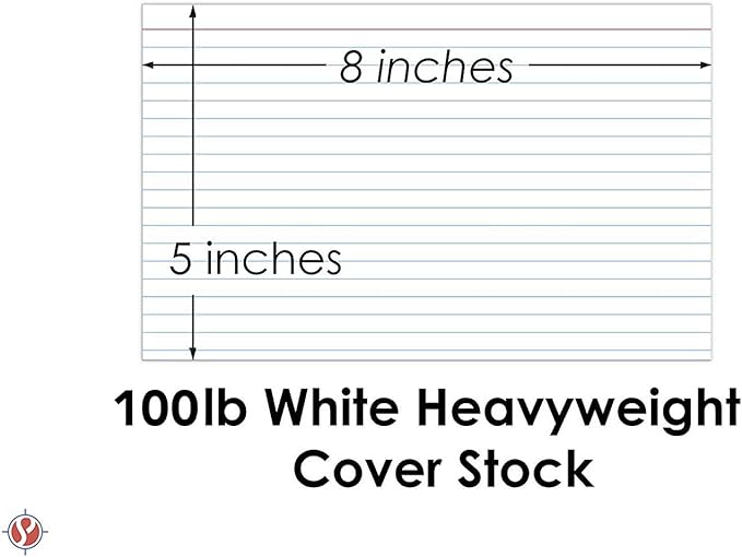 Ruled Index Cards, On 100lb Heavyweight Thick White Cover Stock. "100 per pack" (5 x 8)