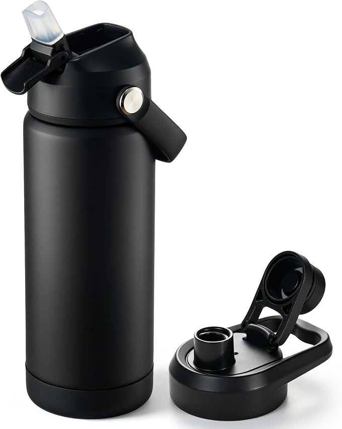 Fijinhom 18 oz Insulated Water Bottle with 2 Lids, Stainless Steel Water Bottles, Double Wall Vacuum, Portable Handle & Non-slip Bottom, BPA Free Leak Proof Metal Bottles, Keep Cold 24H, Black