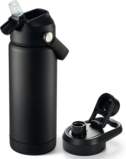 Fijinhom 18 oz Insulated Water Bottle with 2 Lids, Stainless Steel Water Bottles, Double Wall Vacuum, Portable Handle & Non-slip Bottom, BPA Free Leak Proof Metal Bottles, Keep Cold 24H, Black