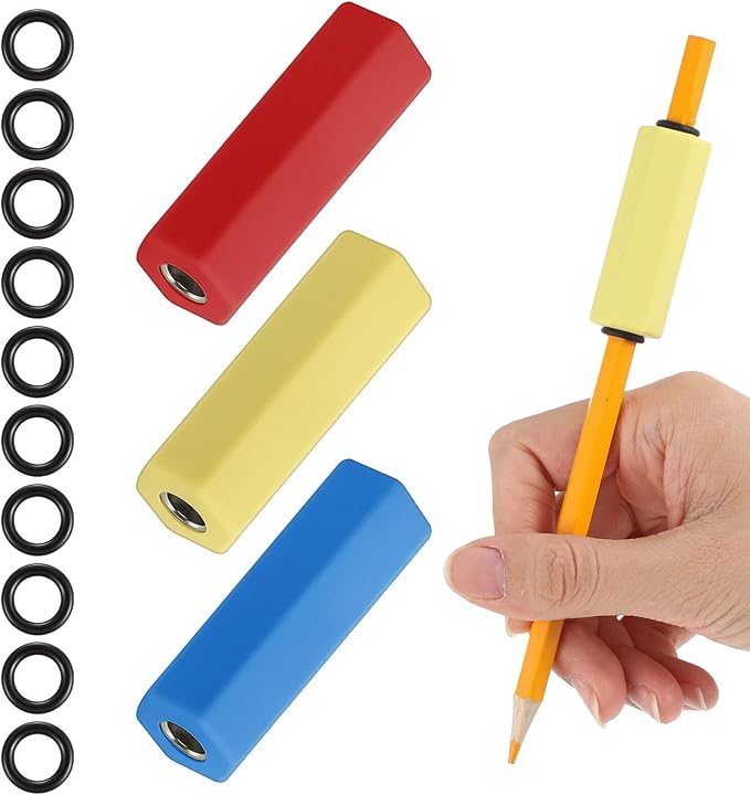 3 Pcs Pencil Pen Weights 1.59 oz, Handwriting Aid Kit for Children Elderly Special Need, Metal Weighted Pencil Holder Tool for Autism Tremors Fine Motor Skills(Blue, Red, Yellow)