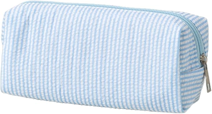 Cute Pencil Case, Seersucker Pencil Bag Desktop Stationery Finishing Large Capacity Embroidery Striped Travel Storage Bag, Multifunctional Cosmetic Pouch(Light Blue)