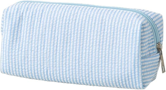 Cute Pencil Case, Seersucker Pencil Bag Desktop Stationery Finishing Large Capacity Embroidery Striped Travel Storage Bag, Multifunctional Cosmetic Pouch(Light Blue)