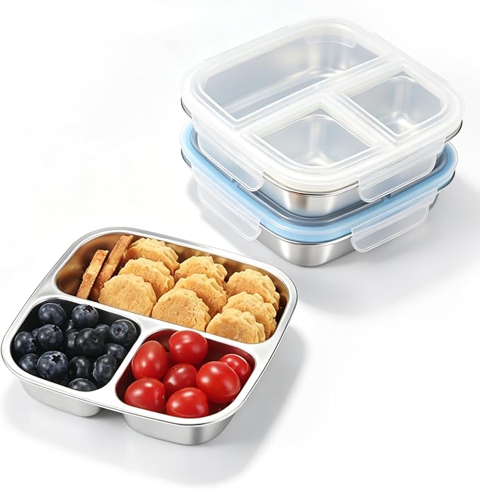 2 Pack Stainless Steel Snack Containers, 3 Compartments Reusable on the go Bento Box with Lids for Kids, Toddler Lunch Box Containers Pre Meal Storage for Daycare School Camping - White Blue