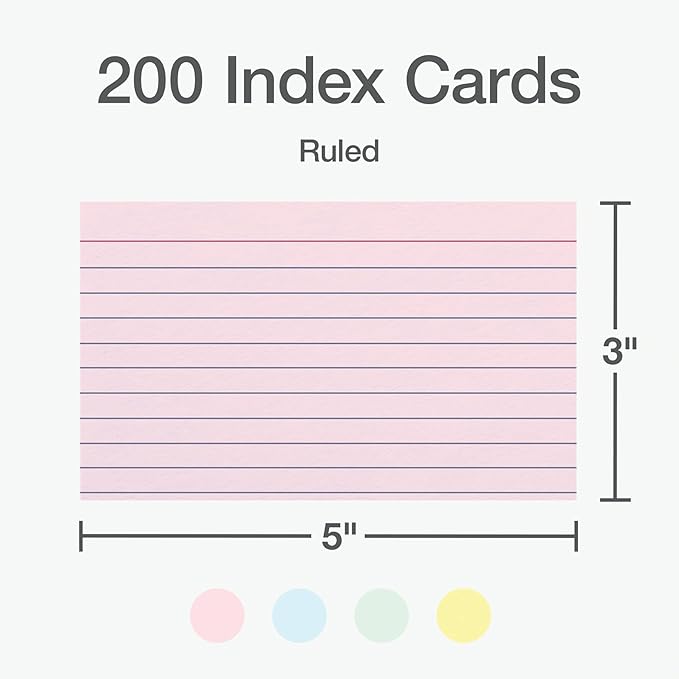Oxford Ruled Index Cards, Lined Note Cards, Flashcards for School, 4 Assorted Pastel Colors: Pink, Blue, Green and Yellow, 3 Inch x 5 Inch, 200 Cards Per Pack (1017490)