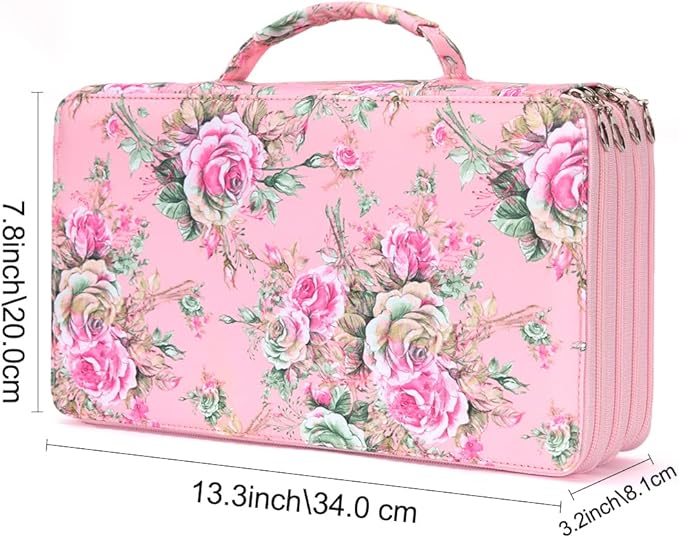 Vomgomfom 300 Slots Marker Bag, 4-Layer Zipper Portable Art Supply Organizer, PU Leather Large Capacity Marker Case Holds 100 Markers or 300 Colored Pencils with Handle (Pink Rose)