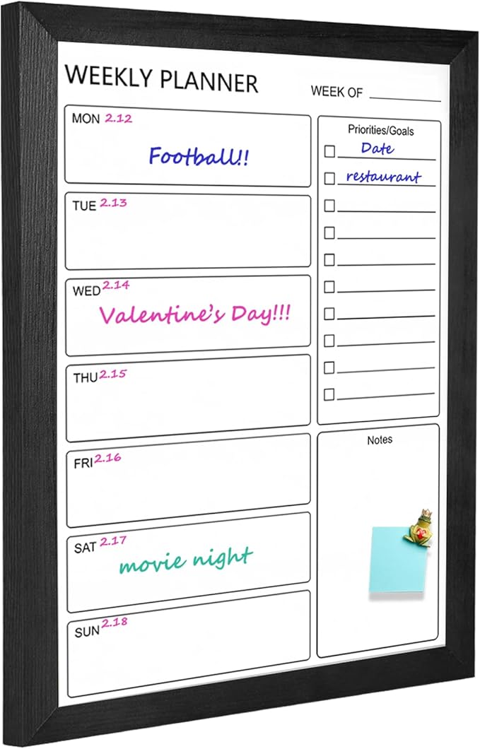 Dry Erase White Board Weekly Calendar Board, Magnetic Whiteboard for Wall,17.7“x23.6 Solid Wood Black Framed Message Board, Planner Board for Office, Home, School（Weekly-BB-BK-4560
